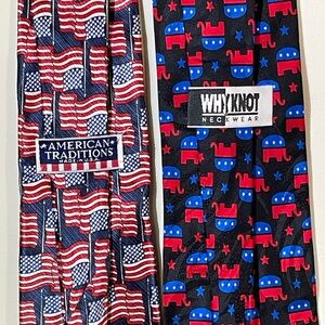 Mens USA Patriotic Necktie 1 USA Flag 1 USA Elephant Republican‎ Party Set of 2